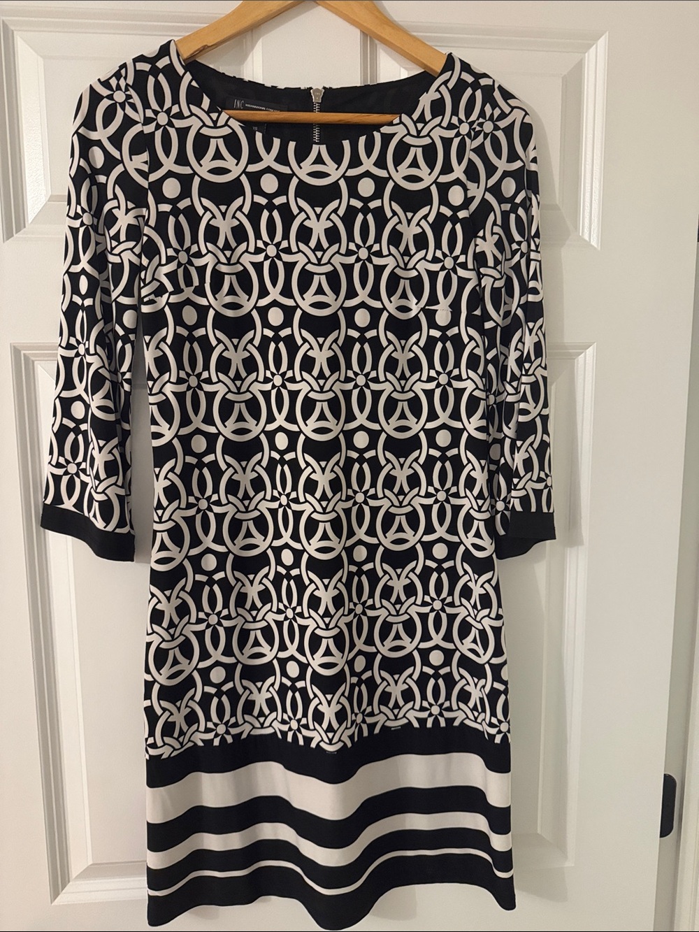 INC International Concepts Black and White Geometric Long Sleeve Shift Dress